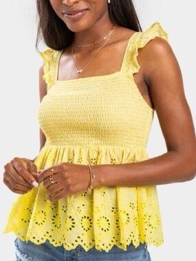 June & Ivy Yellow Eyelet Smocked Peplum Tank Top Size S